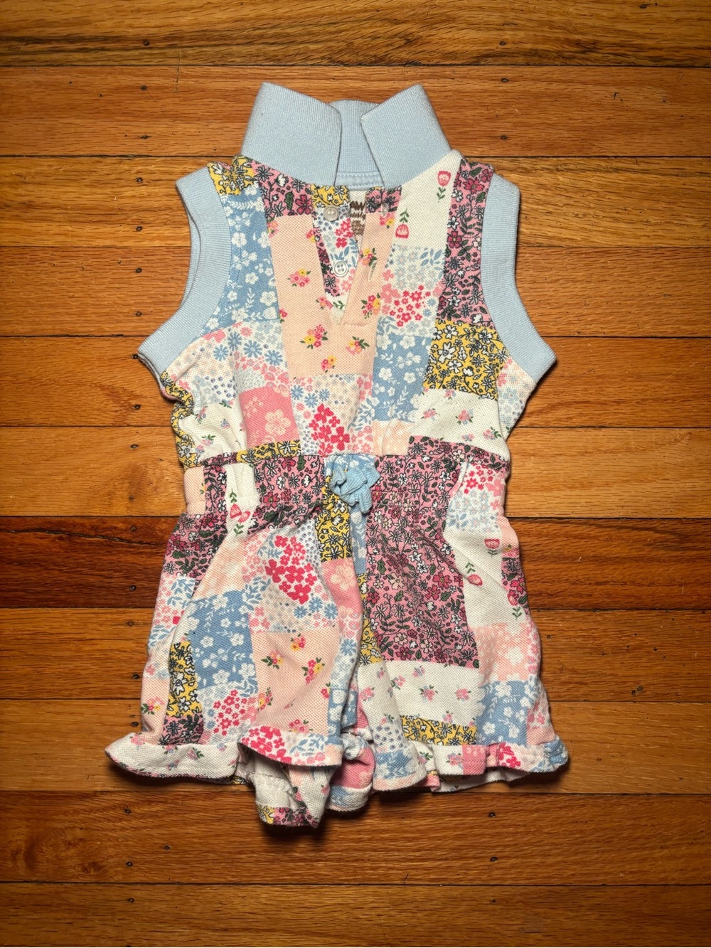 BearPaw Floral Patchwork Polo Romper — Light Blue Collar